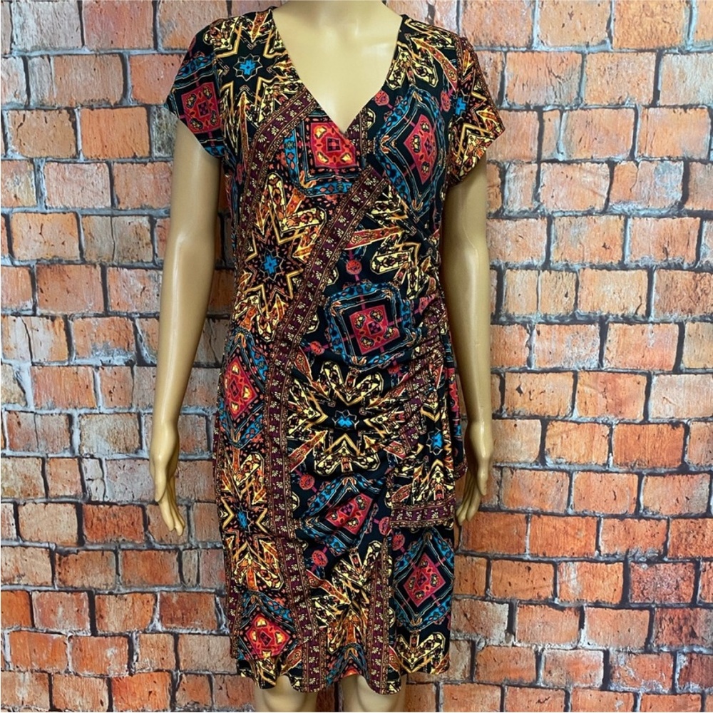 New York & Company Multicolor Geometric Print Mock Wrap Dress
